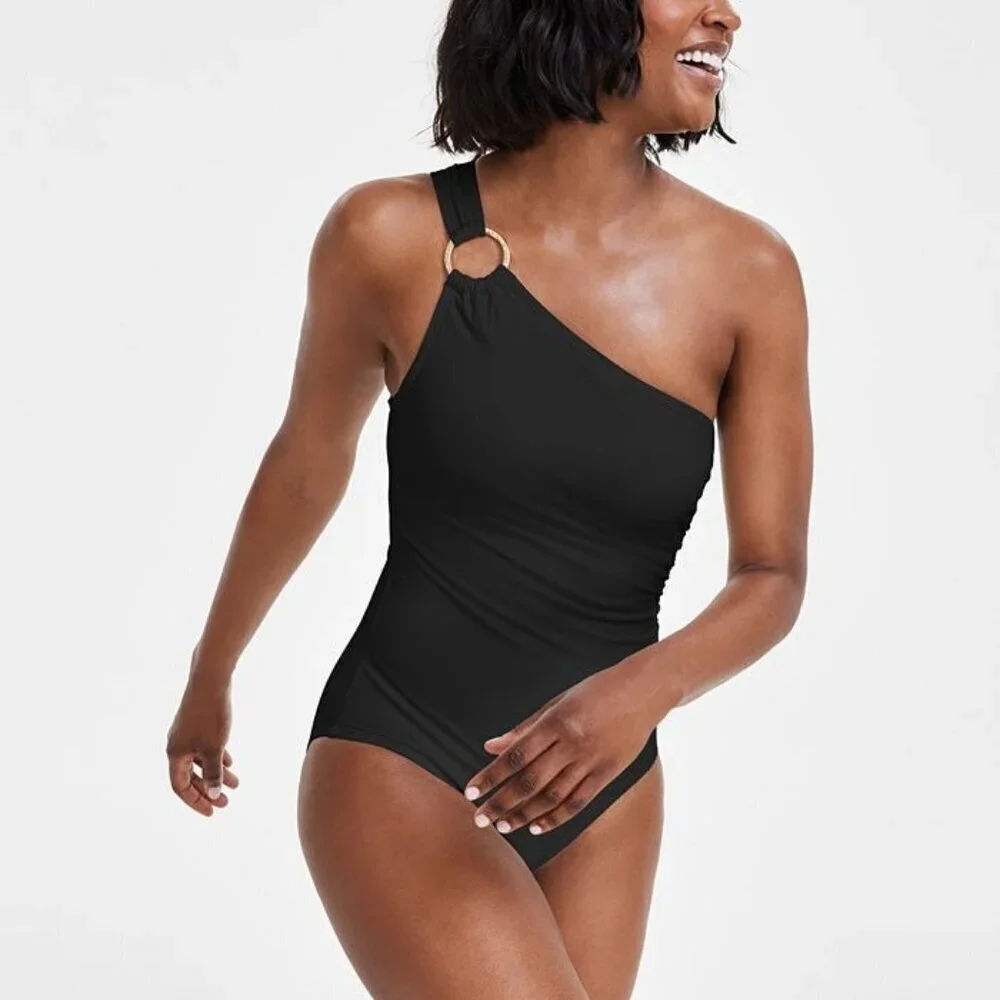 NWT Michael Kors Green One-Shoulder Gold Accent Ring One-lPiece Swimsuit Size 6